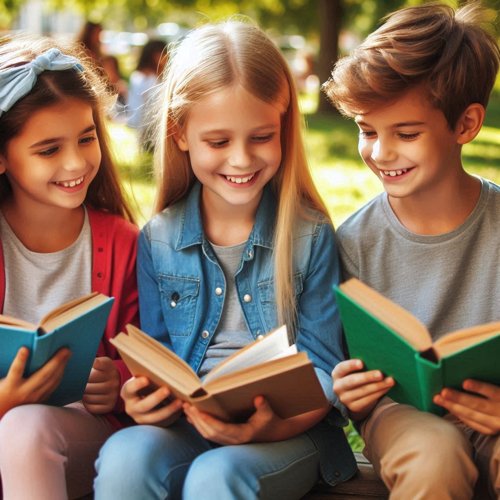 smiling children reading books in a park and discussing books