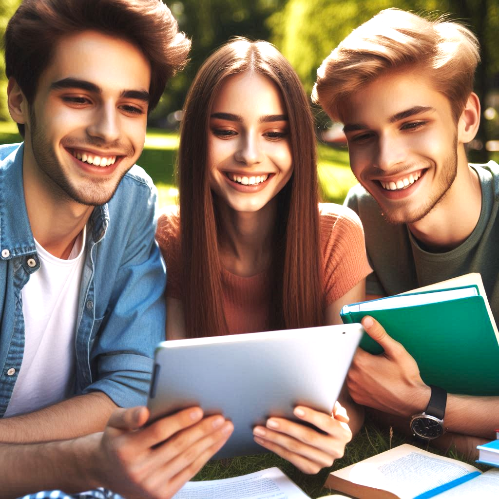 three young people, smiling, joyful, studying together with an Apple iPad Pro 11